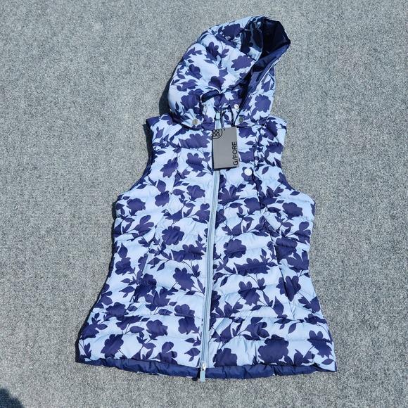 G/FORE Women's Fjord Tonal Floral Puffer Vest w/hood Sleeveless Jacket Blue sz S - Picture 1 of 8